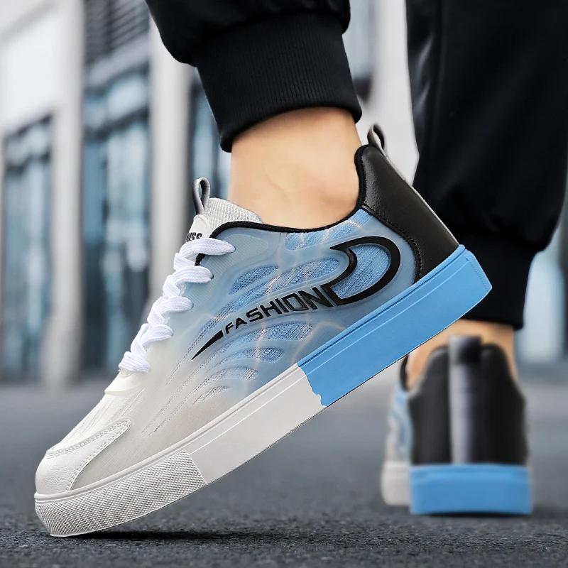 Low top board shoes for men's spring mesh breathable and non stuffy feet, night light anti slip soft sole casual white men's spo