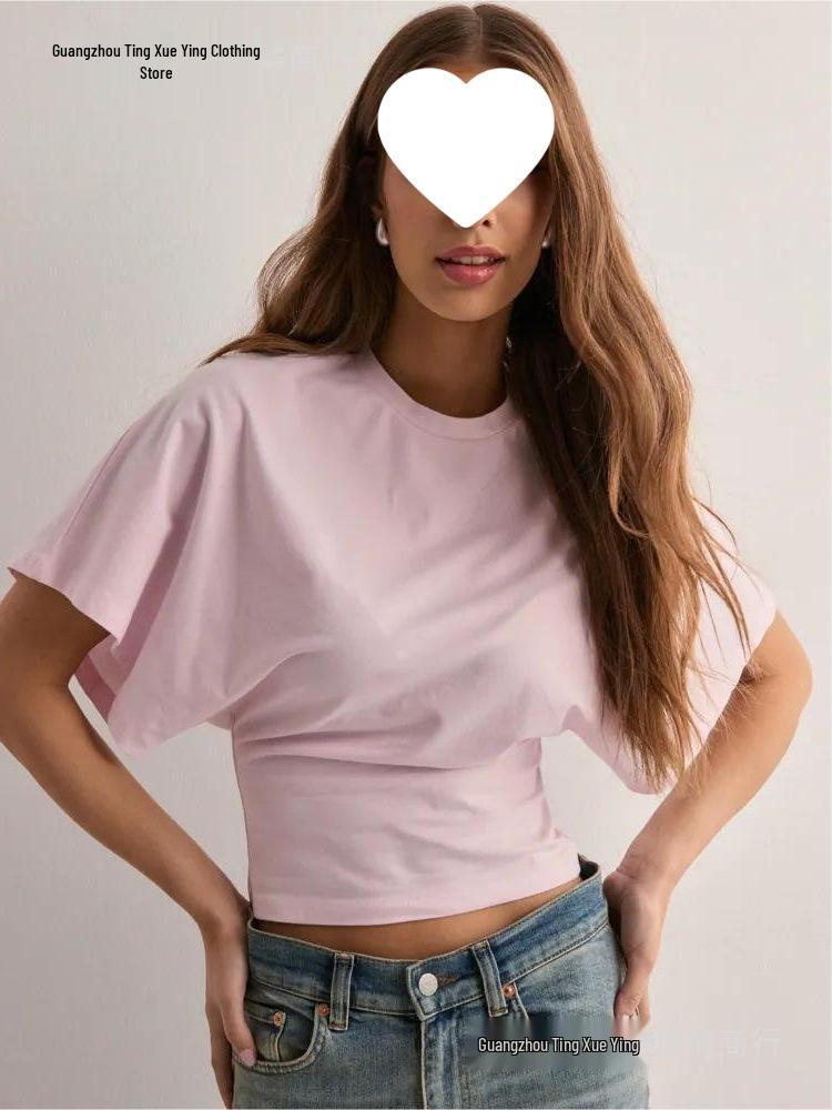 Koreansk-stil Dame Sommer Rund Hals Kort Ærme Løstsiddende T-shirt