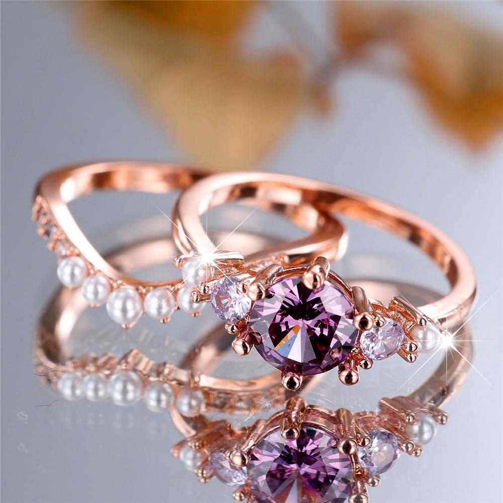 

Charm Female Rose Gold Color Purple Round Zircon Stone Engagement Ring Set Vintage Bridal Wedding Bands Party Jewelry For Women 8