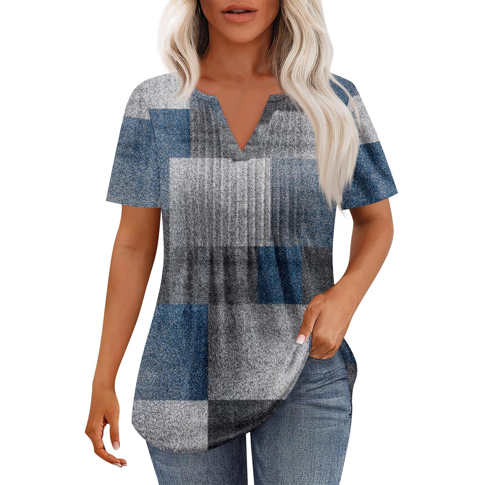 Women s Fashion Casual Pleated V Neck Short Sleeve T-Shirt Tops M