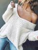 Damen Pullover Grobstrick Weiter V-Ausschnitt Lange Ärmel Offene Strickstruktur Lockerer Pullover Schulterfrei Einfarbig Herbst Jumper