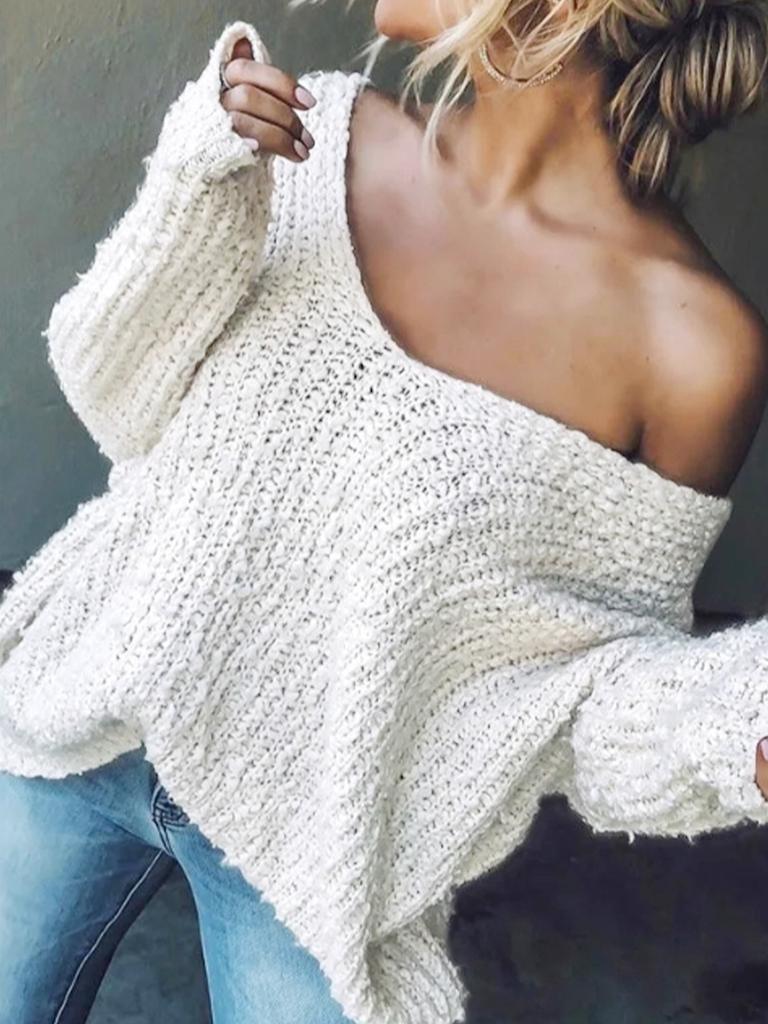Damen Pullover Grobstrick Weiter V-Ausschnitt Lange Ärmel Offene Strickstruktur Lockerer Pullover Schulterfrei Einfarbig Herbst Jumper