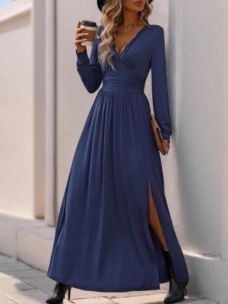 European & American Style Pleated Long Dress with Lace Slit for Spring