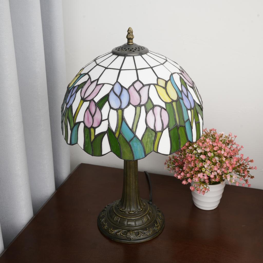 12-Inch Pink Tulip Colorful stained Glass Table Lamp Christmas Atmosphere Lampshade Living Room Bedroom Decorative Lighting