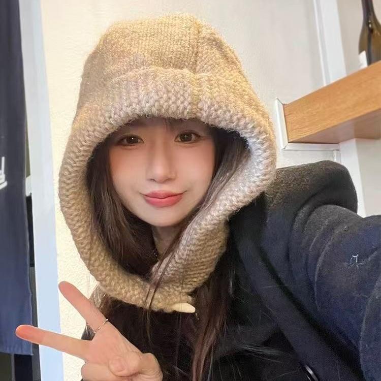 Balaclava Large Head Circumference Knitted Hat Women's Winter Warm Ear Protection Woolen Hat Neck Cover Sweatshirt Hat