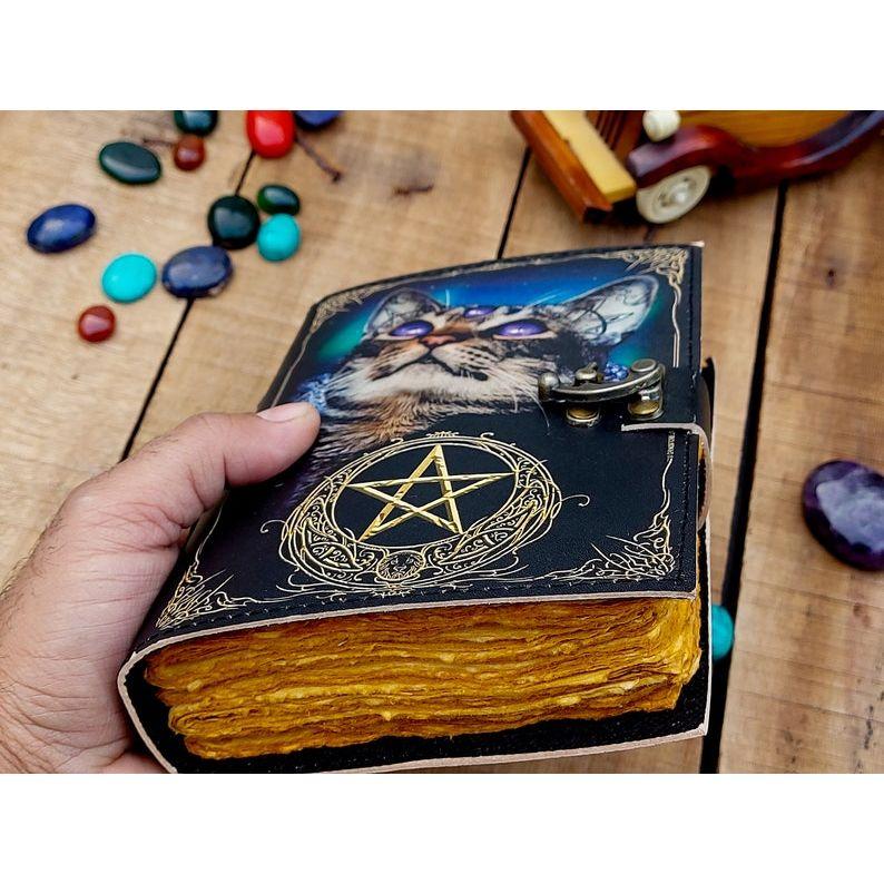Leather Journal Spell Wizard Cat Book Blank Magik Notebook Book Of Shadows Wiccan Pagan Grimoire Book for Traveling Sketching Best Gift