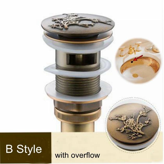 Bathroom Lavatory Basin Sink Pop Up Drain with Round Carved Cover  Brass with & Without Overflow Vanity Sink Waste Drainer
