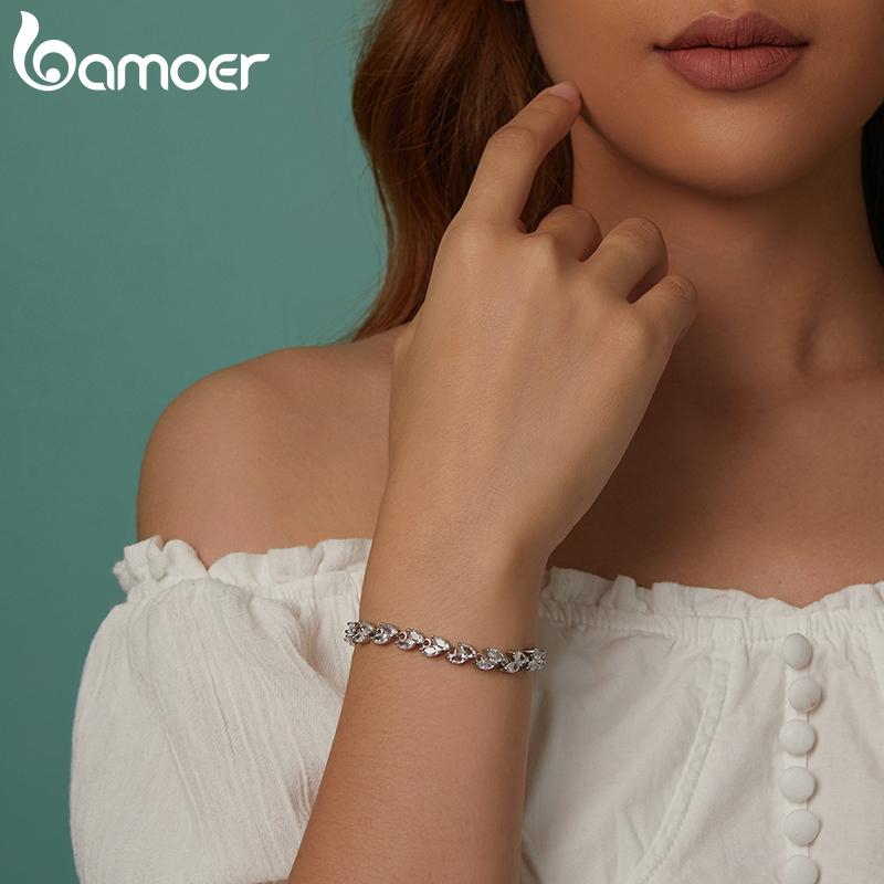 BAMOER White Gold Plated Sparkling Cubic Zirconia Classic Olive Leaf Bracelet, Gold Bracelets for Women Fashion Jewelry