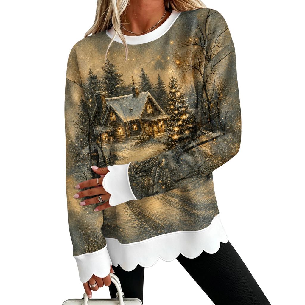 Women's Casual Lace Print Crewneck Sweatshirt Long Sleeve Pullover Top for Everyday Wear