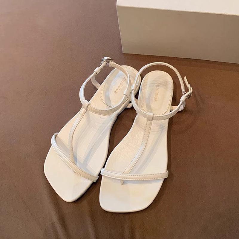 

Новые летние модные сандалии с косым квадратным носком, Т-образным ремешком, универсальной плоской подошвой для женщин 35