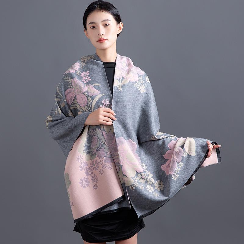Women S Warm Faux Cashmere Flower Jacquard Scarf Versatile Shawl