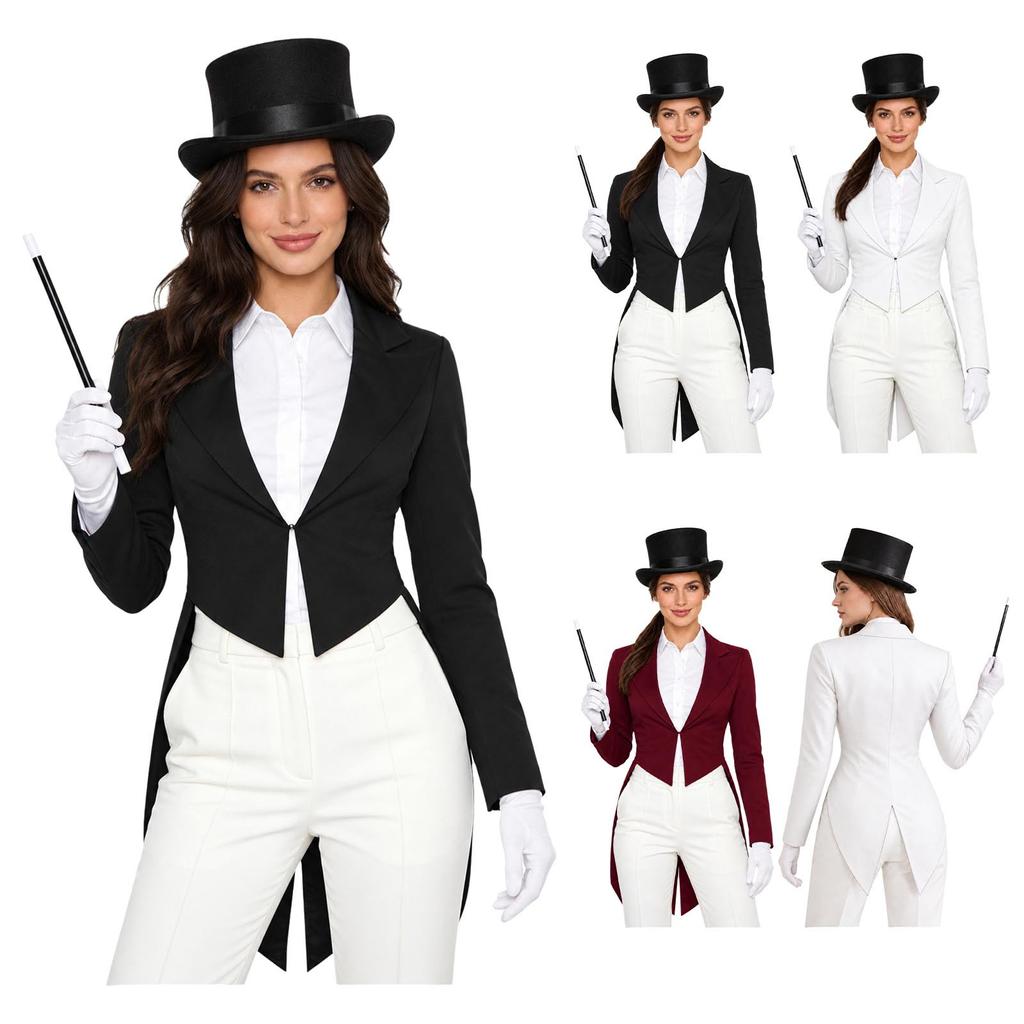 Women Cosplay Magician Tailcoat Jacket Long Sleeve Lapel V Neck Open Front with Hat Gloves Wand for Stage Magic Show