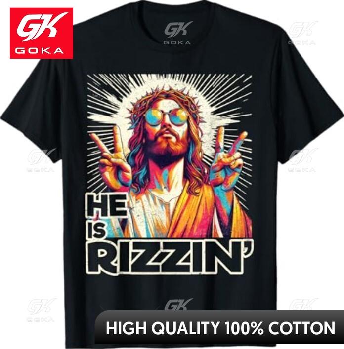 Retro He Is Rizzin Funny Jesus Has Rizzen Novelty Print Round Neck Short Sleeve Pure Cotton Printed T Shirt Street Style S