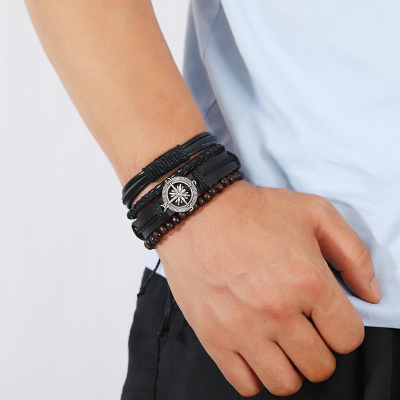 4-Piece Trendy Men's Woven Leather Bracelets with Leaf Design