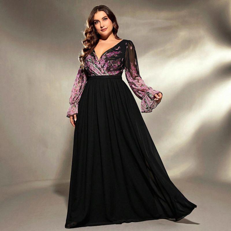 New Style V-Neck Plus-Size Dress, Long-Sleeved Ball Gown, Birthday Party Evening Dress, Party Dress
