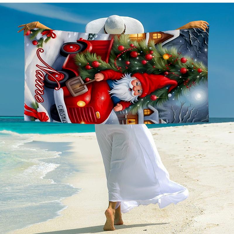 Custom Name Ultra-Soft Beach Towel with Christmas Santa Claus Theme,Ideal for Pool - Camping, Diving - Perfect Travel Essential, Vibrant Beach Towel.