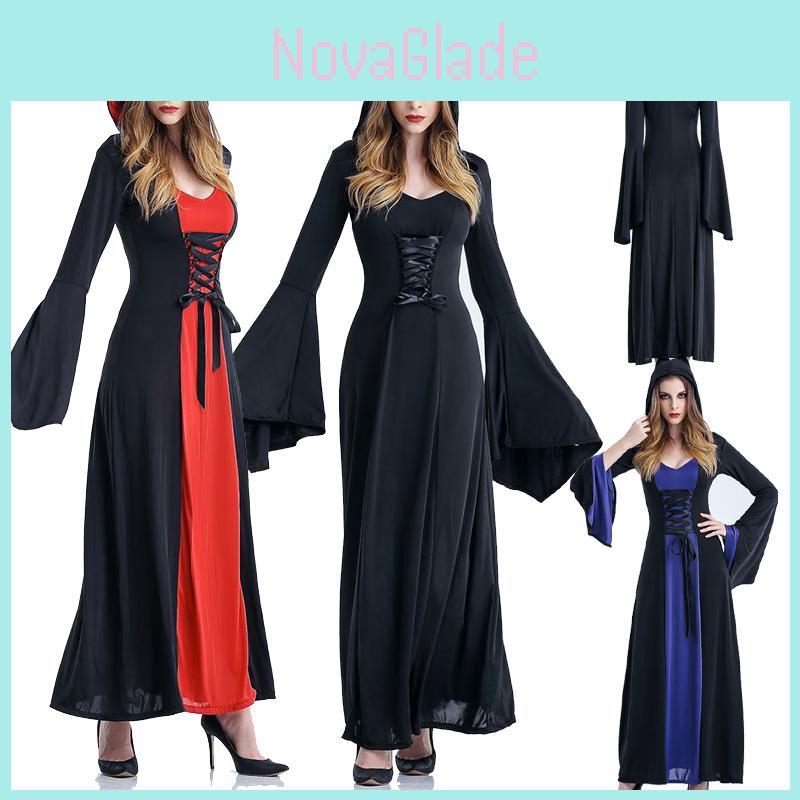 Enchanting Women Gothic Hooded Witch Wizard Dress With Flared Sleeves And Lace Up Design