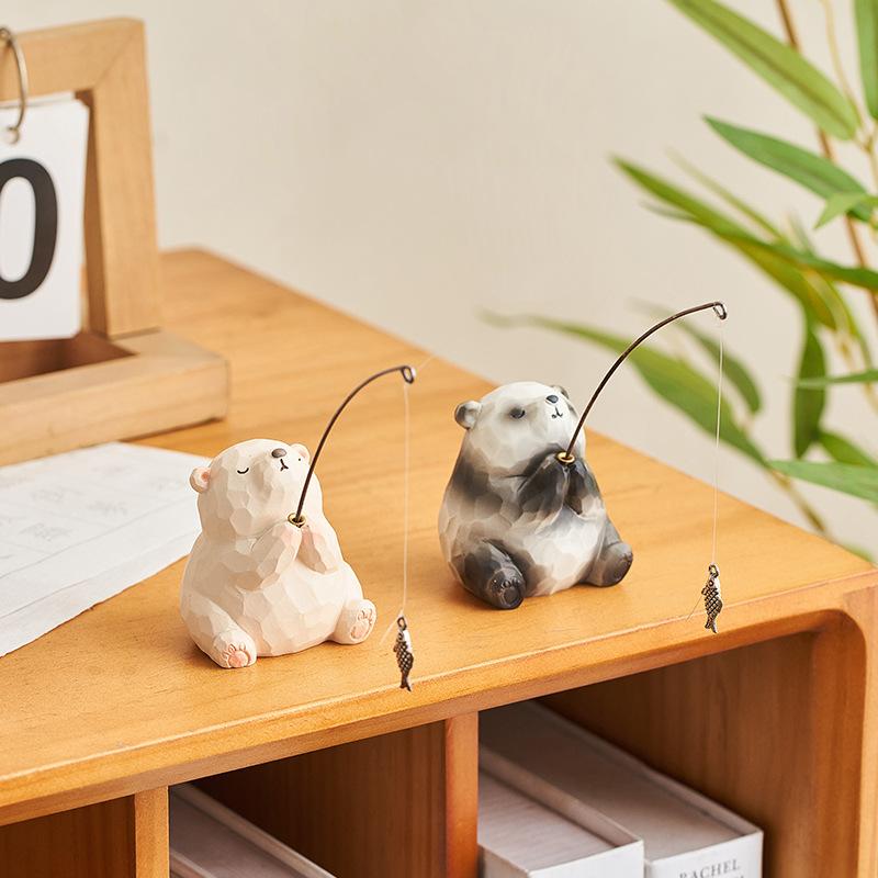 Cartoon Imitation Wood Resin Animal Fishing Ornament Monitor Desktop Office Cute Pet Cute Ornament Small Gift