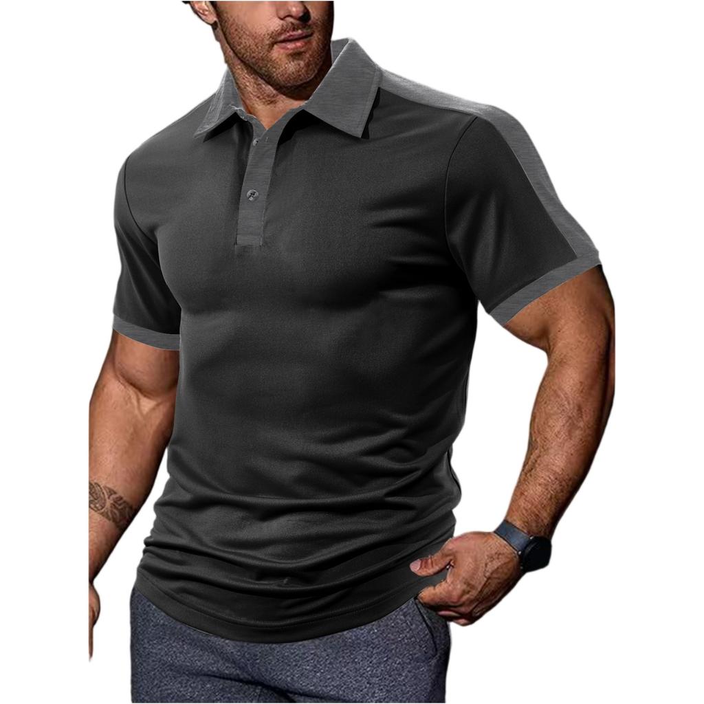 Men's Casual Sporty Color-blocked Shirt, Men's Lapel Short-sleeved T-shirt Top