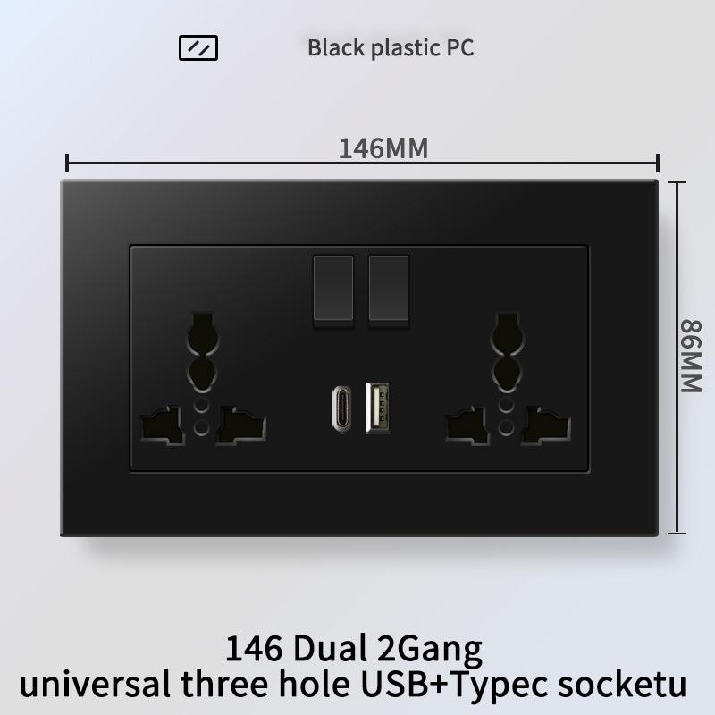 13A British Standard Socket with USB & Type-C Fast Charging, Light Switch, Black Panel for Hong Kong & Macau