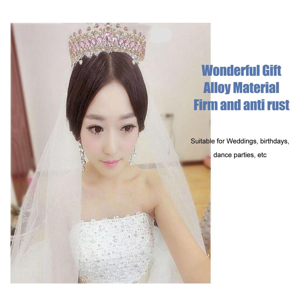 Women Wedding Crown Bride Alloy Rhinestone Crown Hair Accessories for Prom Costume Party Pink and Gold