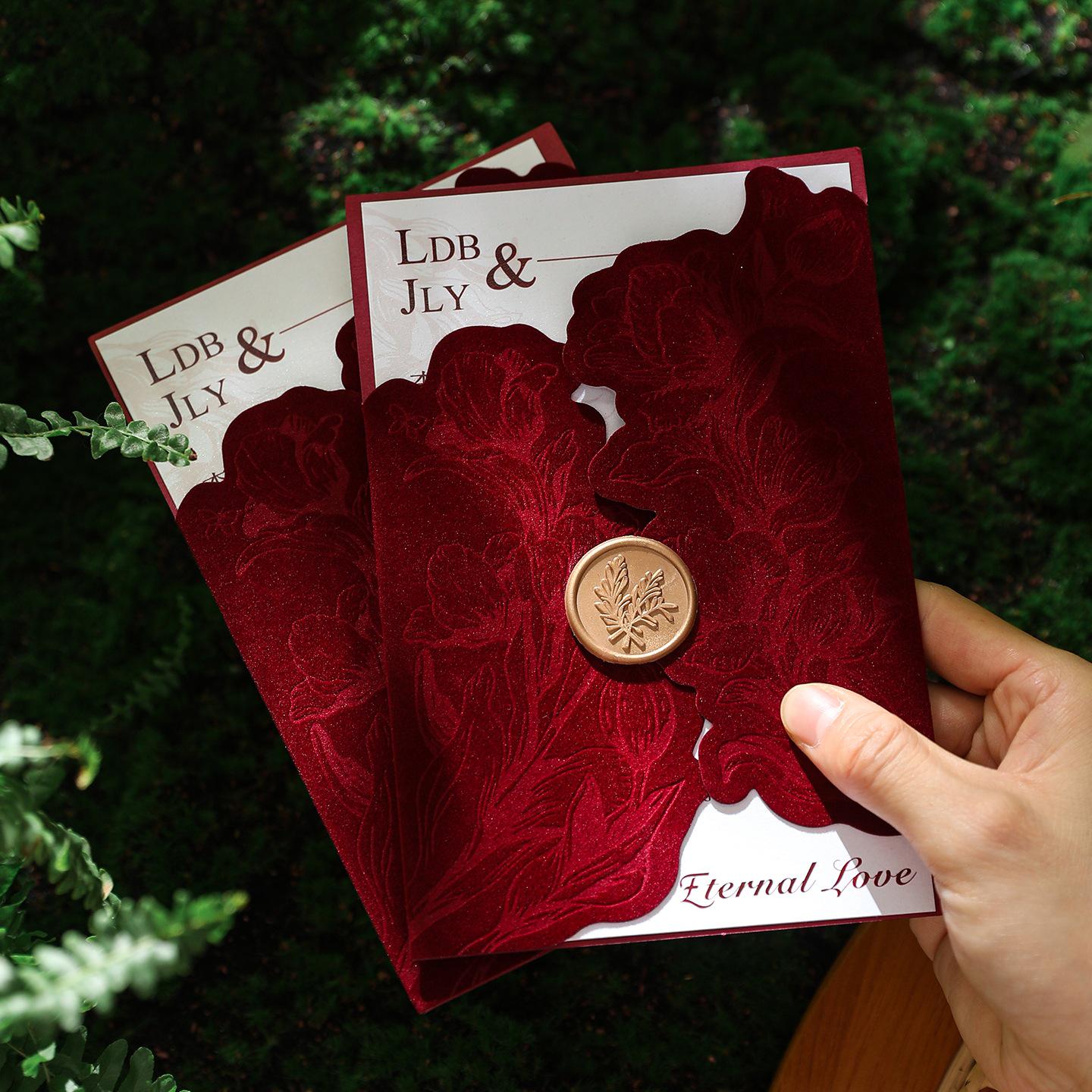 Luxurious Burgundy Velvet & Wax Seal Wedding Invitation