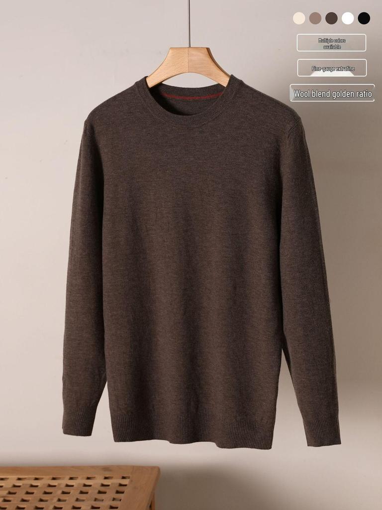 Men's Casual Round Neck Knit Wool Sweater - Autumn/Winter Solid Color Pullover Base Layer Top.