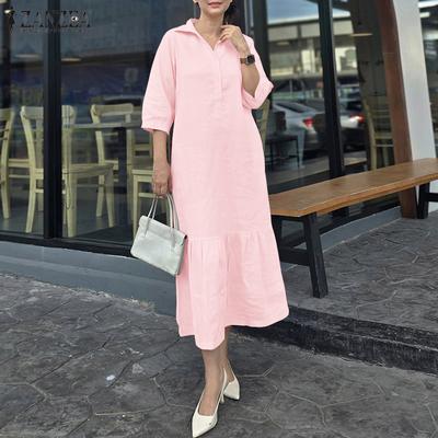Women Turn Down Collar Solid Color Loose 3/4 Sleeve Long Dress