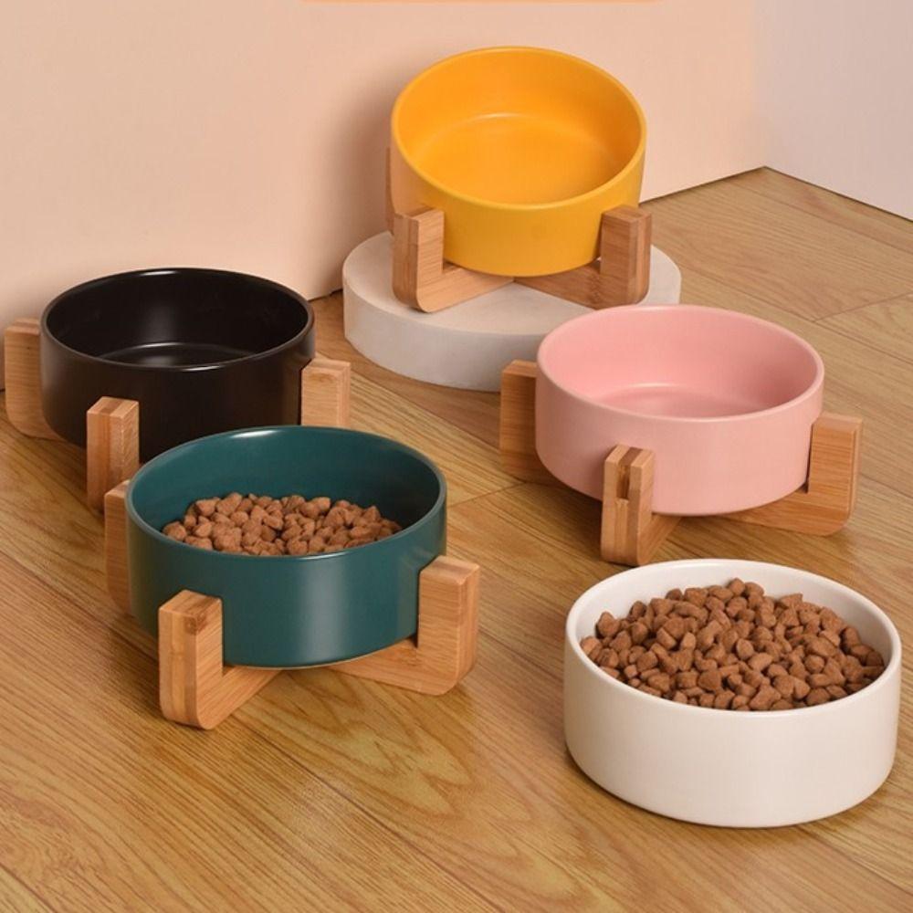 Large Caliber Ceramic Cat Bowl No Spill Cervical Spine Pet Feeding Bowl with Wooden Rack Anti-Overturn High Footed Dog Bowl