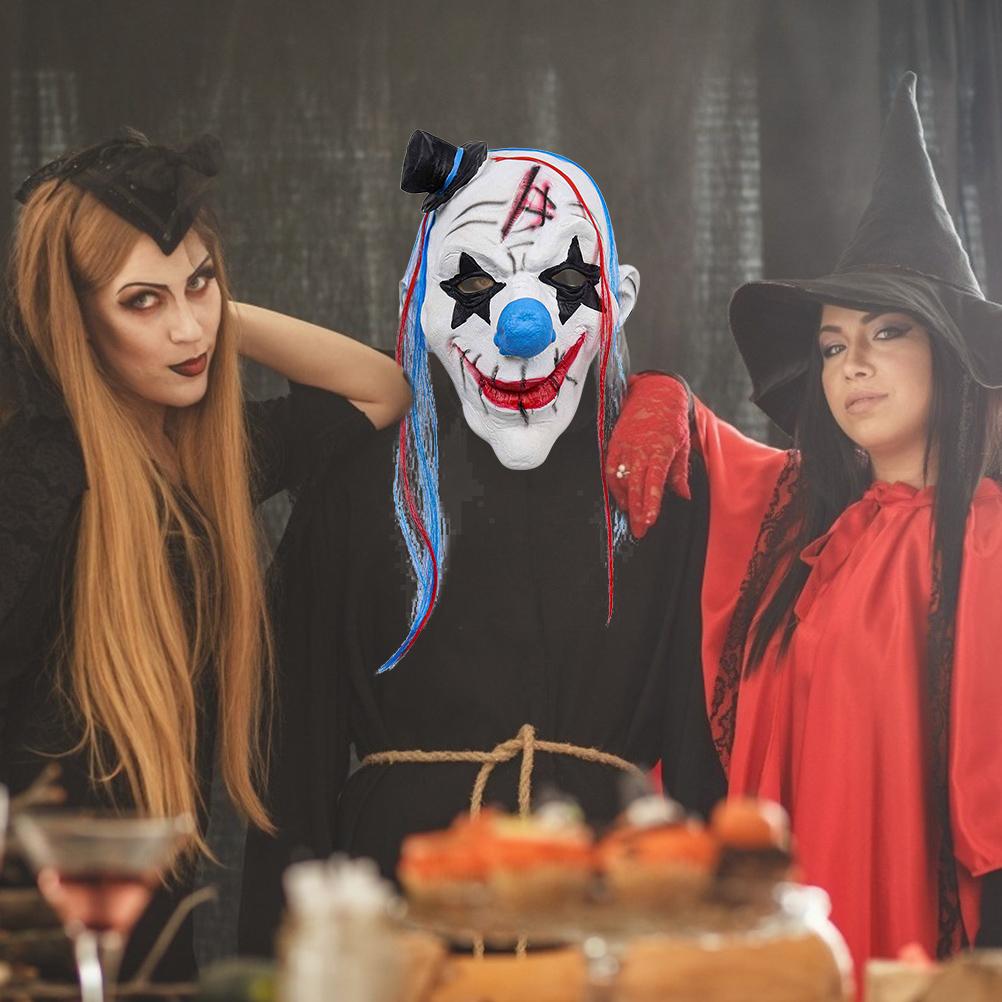 Halloween Clown Gesichtsbedeckung mit Haaren und Hut Horror Latex Gesichtsbedeckung für Erwachsene Halloween Kostümparty Requisiten
