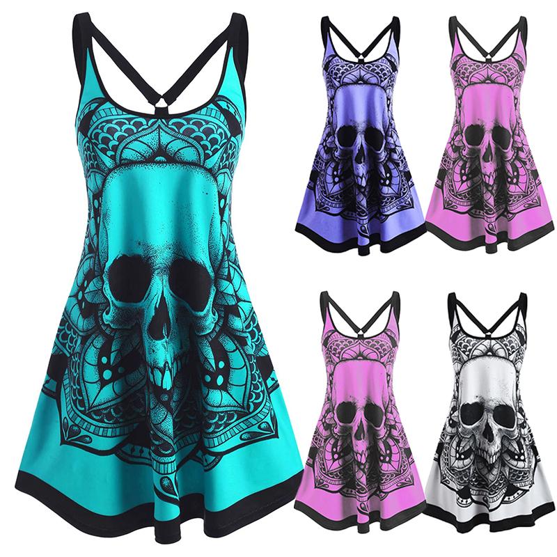 

Лето Женское платье без рукавов Череп Принт Платье Танк Платье Летняя мода Дамы Повседневное платье Без спинки Готическая туника Платье Плюс Размер