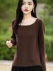 Solid Color Retro Wool Sweater - Long Sleeve Square Neck Knit Top for Women