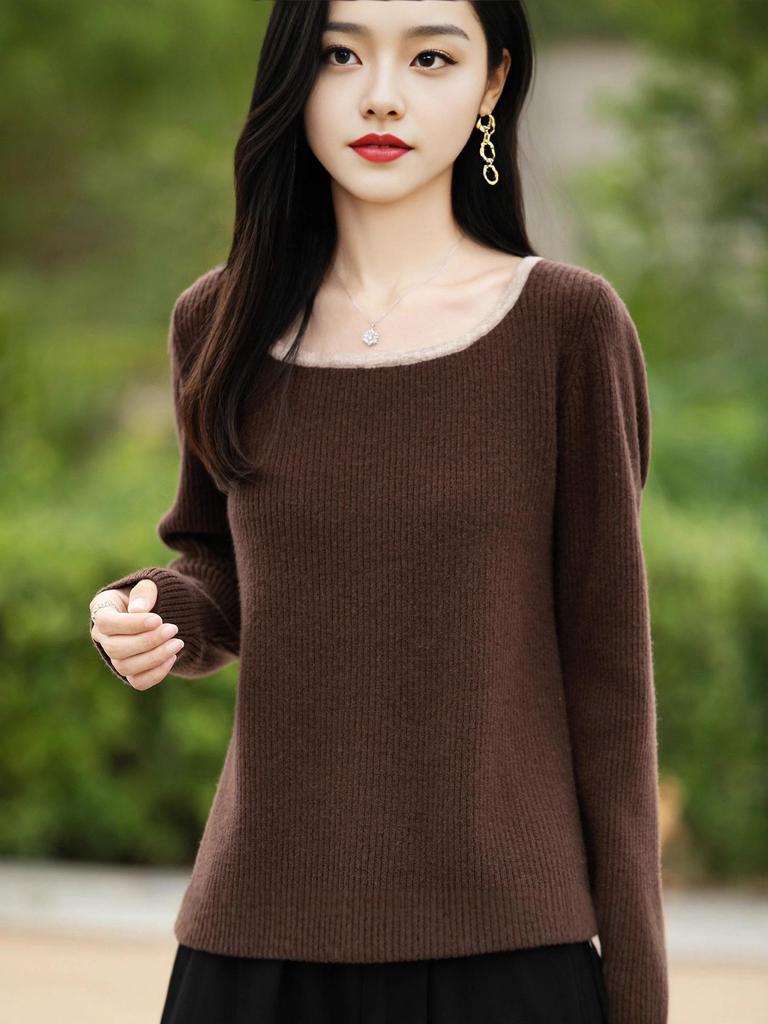 Solid Color Retro Wool Sweater - Long Sleeve Square Neck Knit Top for Women