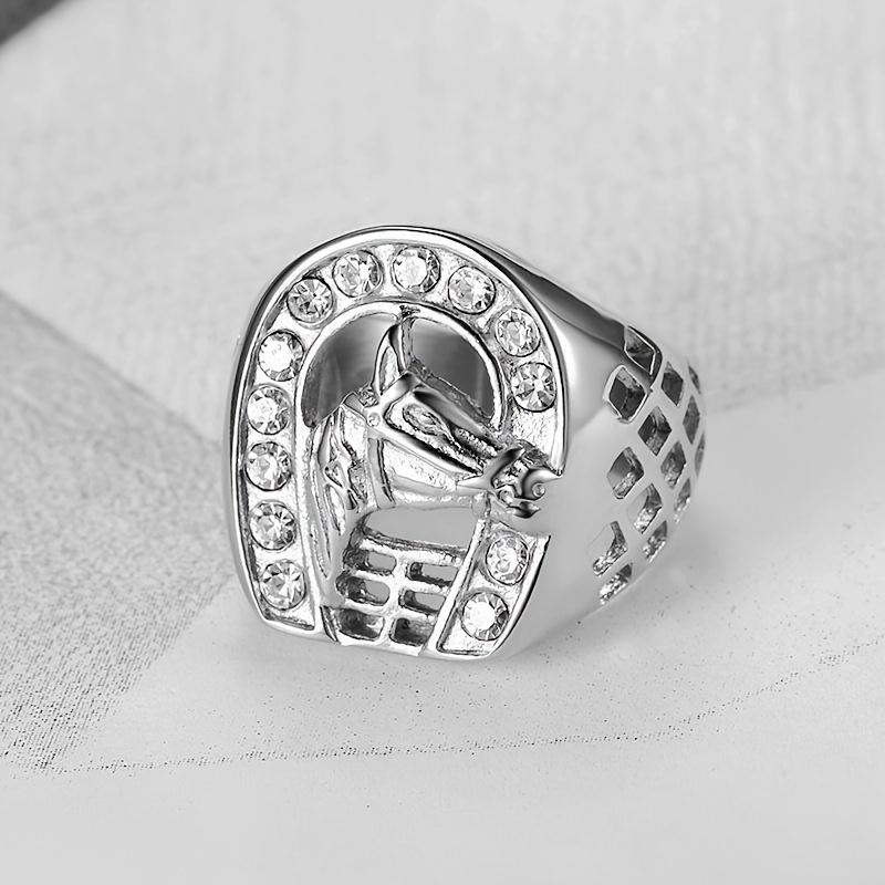 1 Pcs Hip Hop Stainless Steel Gold Color Jockey Club Horseshoe Horse Ring with Rhinestone for Men Gift Jewelry