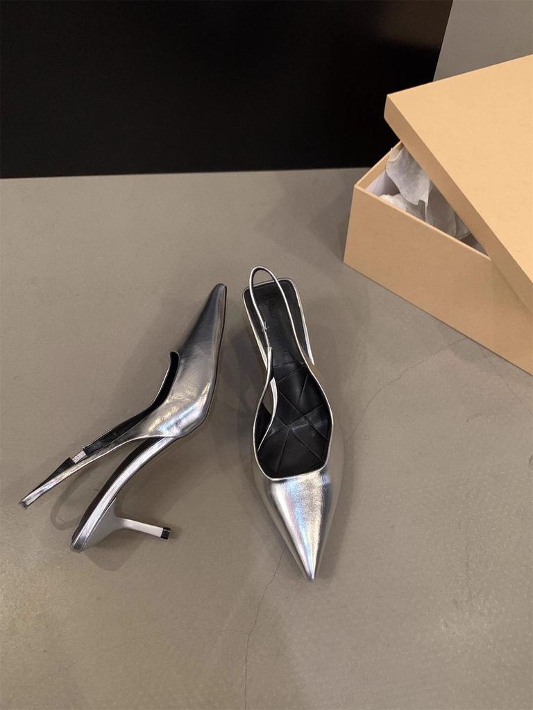 Silver Pointed Toe Backless Heels - 2025 New Spring/Autumn Collection