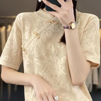 Camiseta de Seda de Hielo Cheongsam de Manga Corta para Mujer en Verano Nuevo Holgada y Versátil Fina Estilo Bata Top Chino