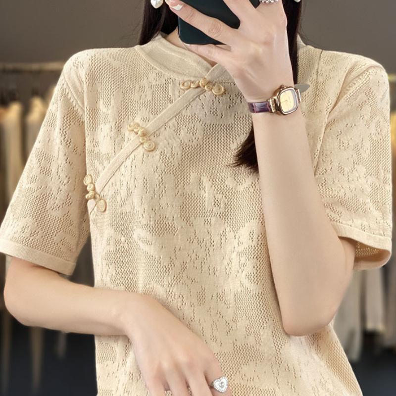 

Ice Silk Cheongsam Short-sleeved T-shirt for Women In Summer New Loose and Versatile Thin Robe Style Chinese Top S