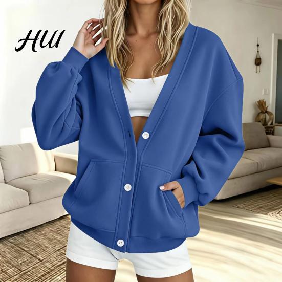 V Neck Cardigan Women Button Front V-Neck Cardigan, Solid Color Oversized Sweatshirt with Fall Winter Top Dual Pockets, Long Sleeve Casual Jacket for