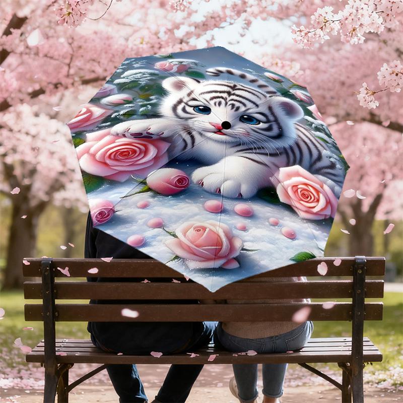 1PC tiger cub, pink roses Automatic Open/Close Umbrella with Windproof, 8-Rib Sturdy Canopy, Durable Ribs, Fashionable Design, Outdoor Accessory, Fun