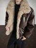 Men's Winter Thickened PU Leather Cotton Jacket with Fur and Stand Collar
