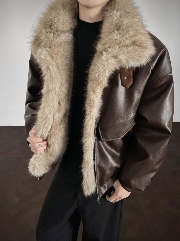 Men's Winter Thickened PU Leather Cotton Jacket with Fur and Stand Collar