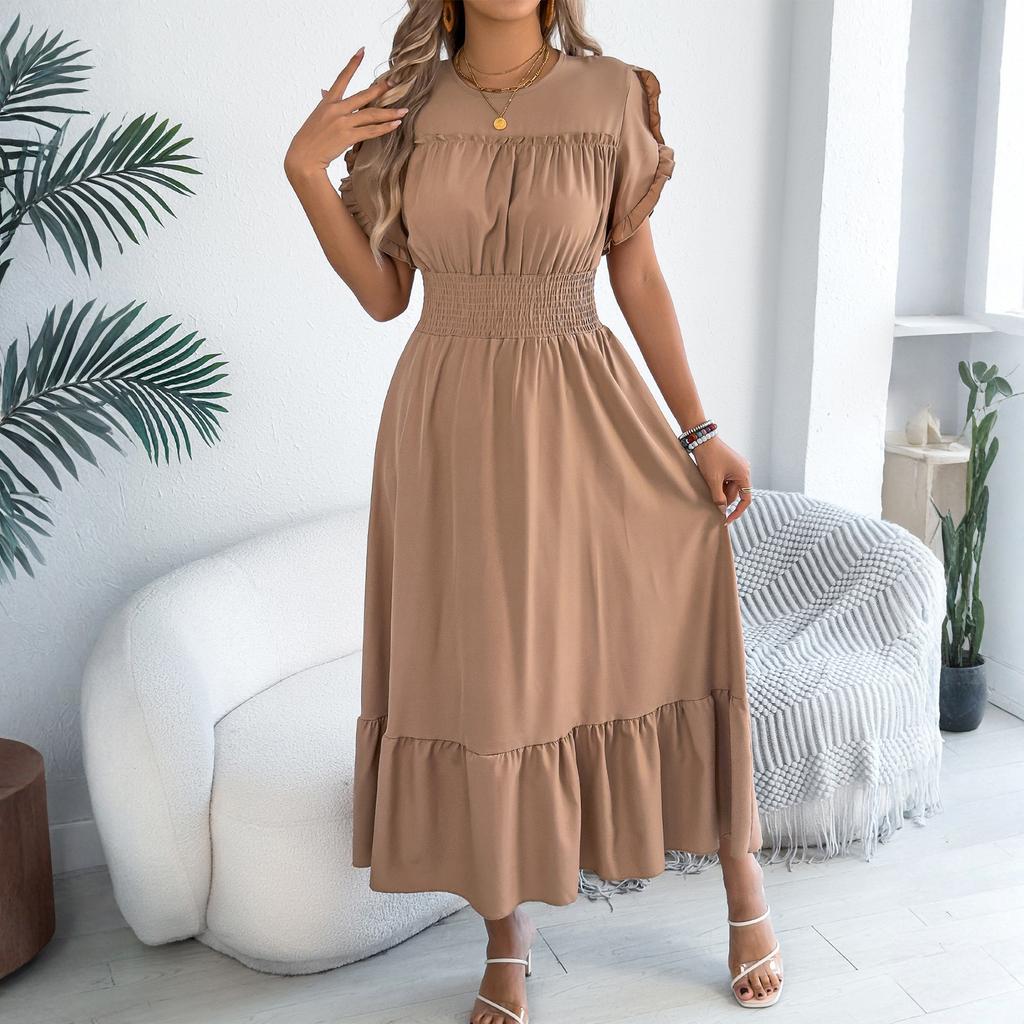 Women's Fashionable Casual Color Off Shoulder Black Fungus Edge Short Sleeved Pleated Waist Dress