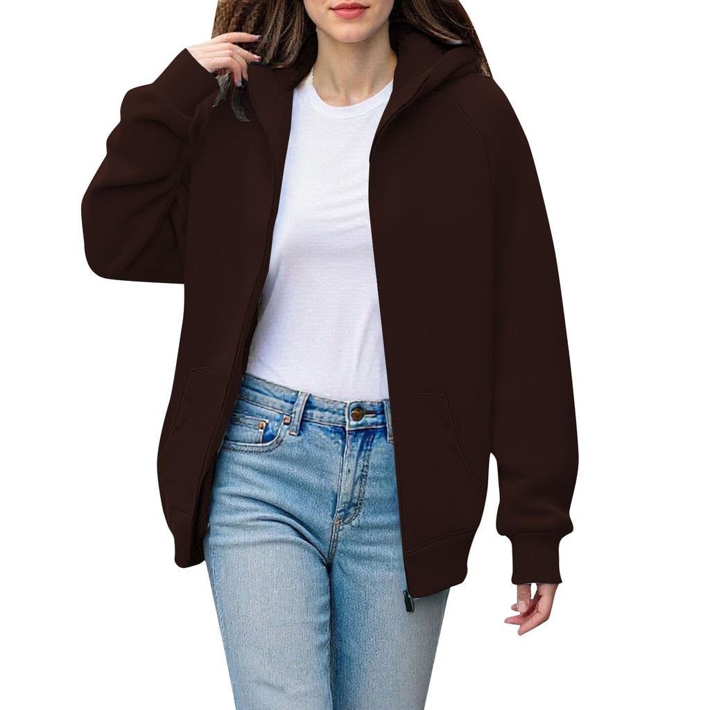 Women's Fashion Solid-Colour Thickened Hooded Sweatshirt With Zip-Up Fleece-Lined Sports Jacket