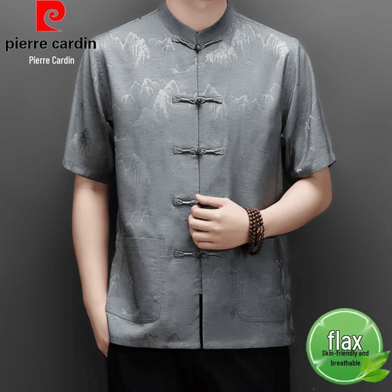 Pierre Cardin Men s Chinese Style Linen Blend Short Sleeve Shirt 39/170 серый