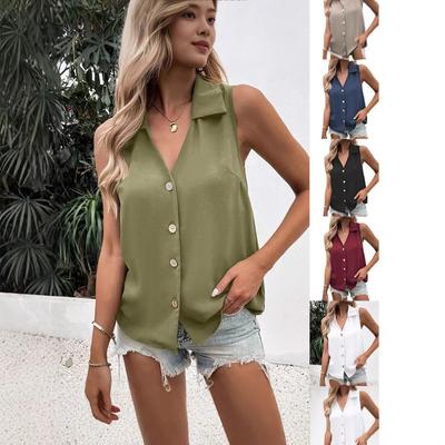 Women Sleeveless Button Down Shirt V Neck Collar Summer Casual Solid Color Work Top