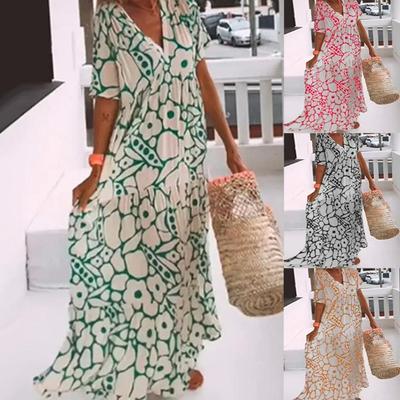 New Women Summer V Neck Printed Long Dress Short Sleeve Fashion