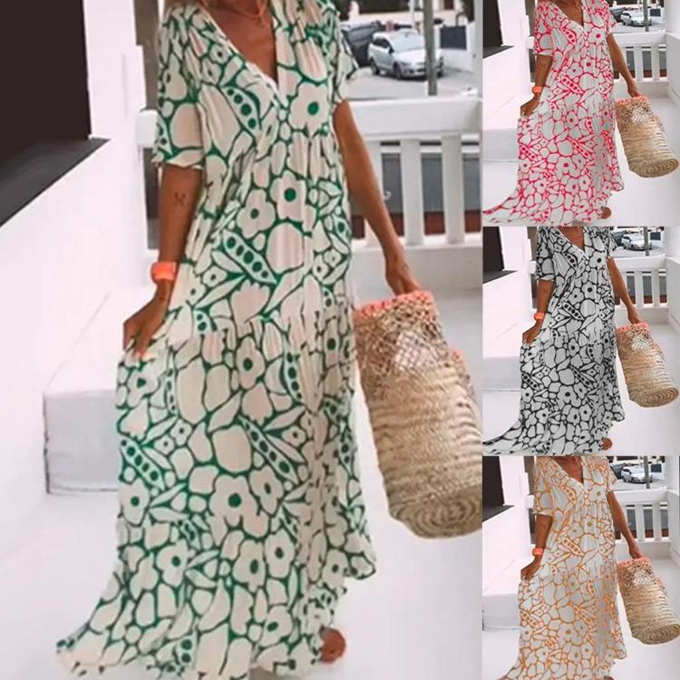 

Women s Summer Printed V-neck Long Dress Short Sleeve New S чорний