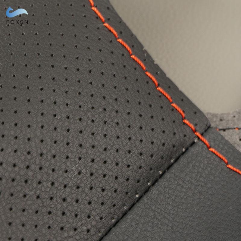 Für BMW E36 E39 E46 X3 E83 X5 E53 Lenkradbezug Handgenäht Schwarz-rot blaue Linie Perforiertes Leder mit Nadeln & Fäden