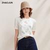Zhaojun Damen Kurzarm-T-Shirt aus Seidenmischung mit Blattstickerei
