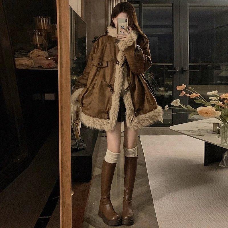 Maillard retro suede stand-up neck cotton-padded clothes men's and women's clothing winter couple clothing warm thickened fur jacket tide